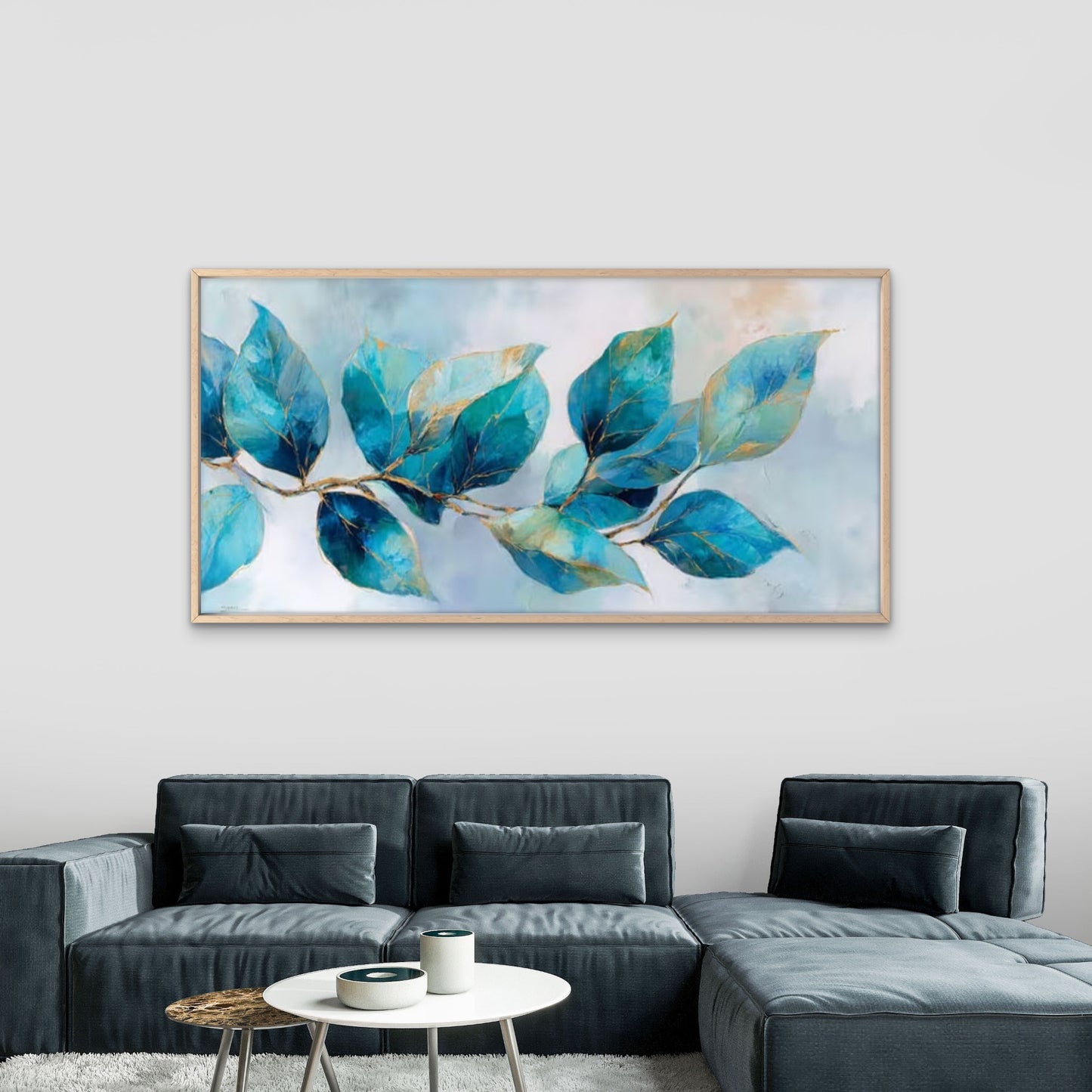 Turquoise & Golden Leaf Wall Art Canvas Office Home Room Framed 120x60cm