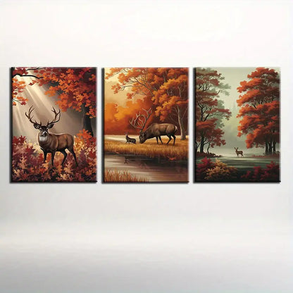 3pcs Enchanting Autumn Oil Painting Deer Metal Print Ready to Hang Art