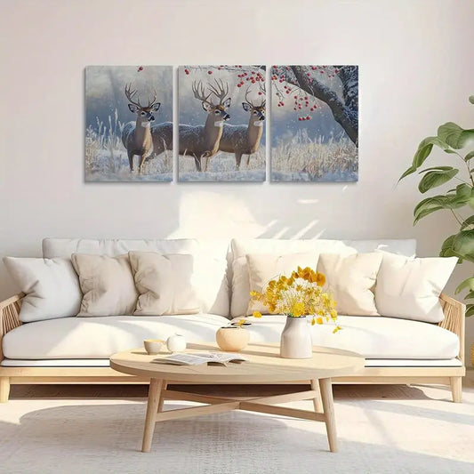 3pcs Winter Deer Scene with Snowy Field & Red Berries Metal Print Ready to Hang Art