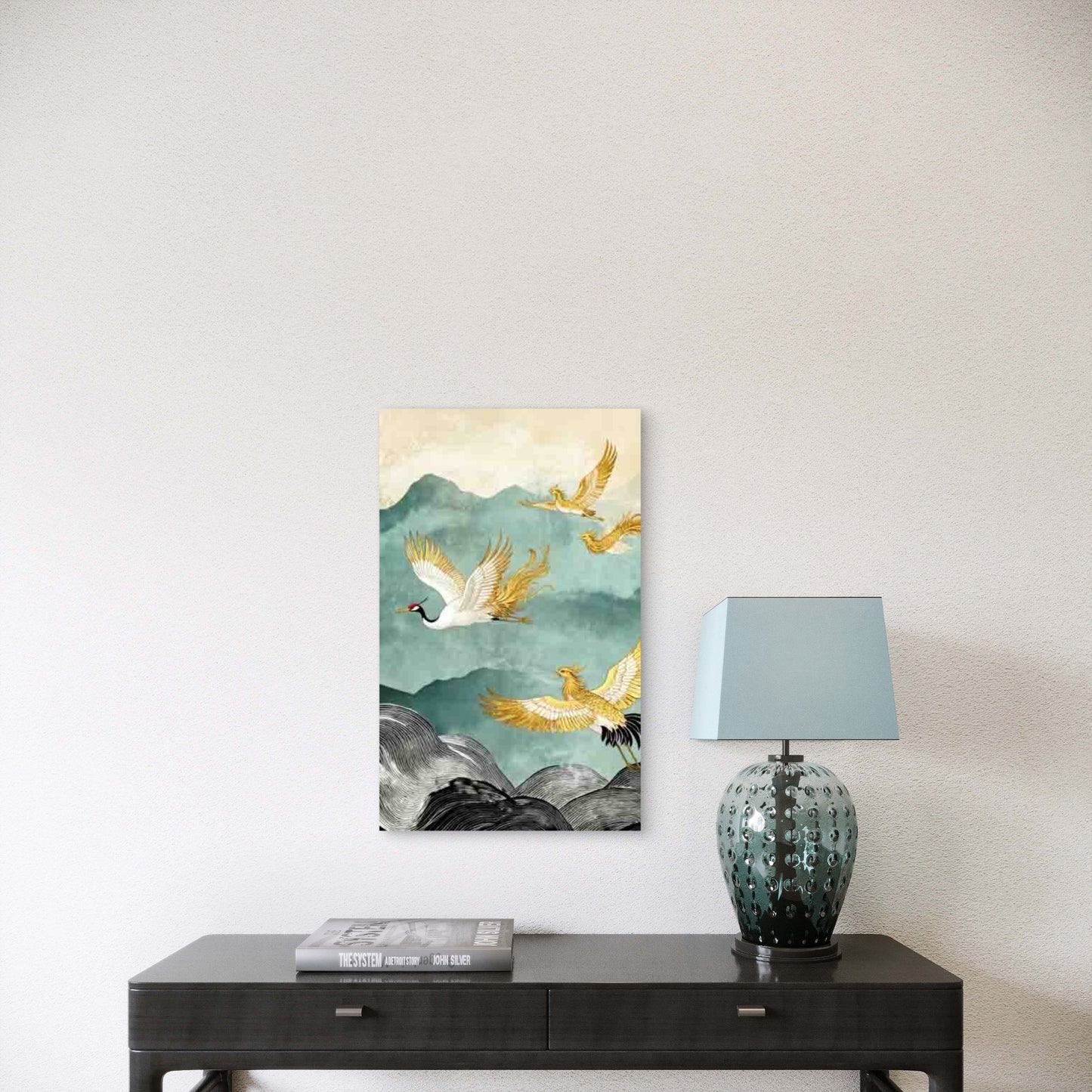 Golden & White Cranes & Landscape 60x90cm Metal Print Ready to Hang