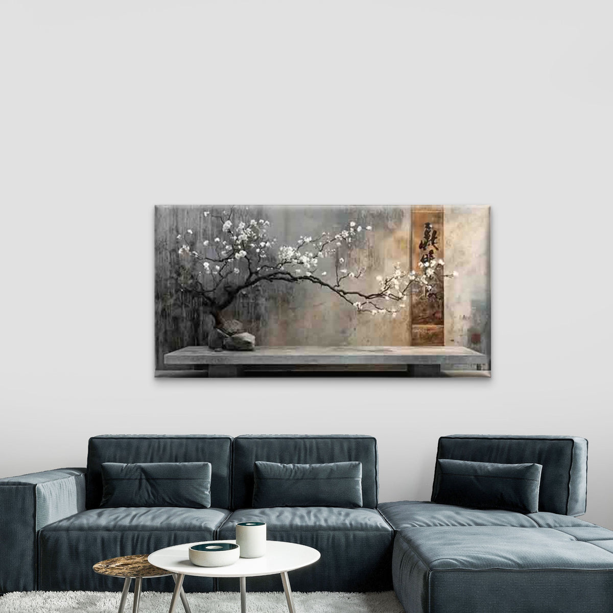 Cherry Blossom Tree on a Stone Wall Art Canvas Office Home Room Framed 120x60cm