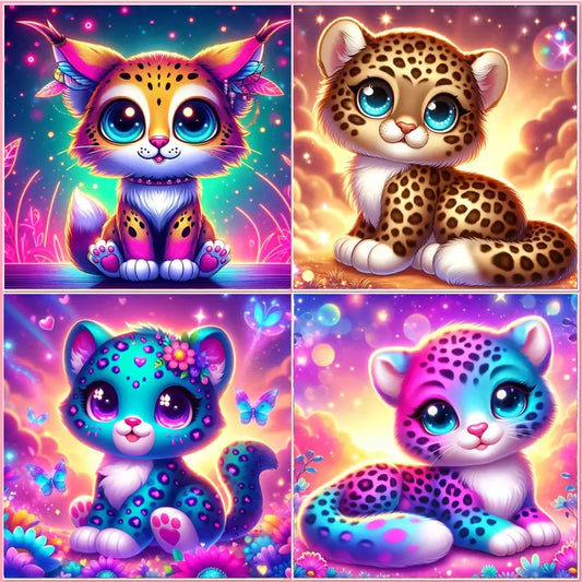 4pcs Adorable Cats, Leopard & Puppy Wall Art Canvas Framed