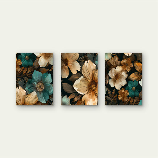 3pcs Dark Teal Gold Floral Flowers Wall Art Set Canvas Framed 50x70cm - High Quality Print 100% Australian Made Wall Canvas Ready to Hang