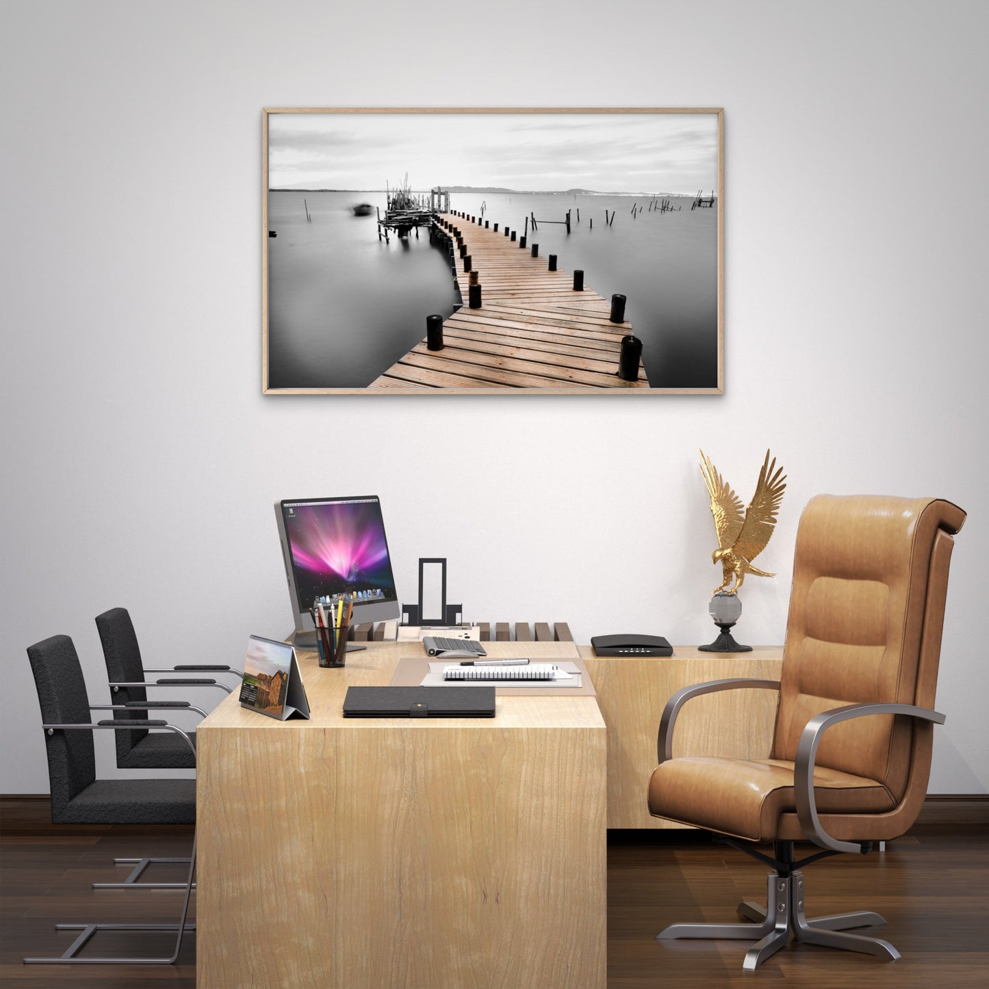 Black and White Wooden Pier Lake Wall Art Decor 100% Australian Made