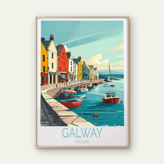 Galway Ireland, Colorful Houses & Boats Travel Poster Print Wall Art