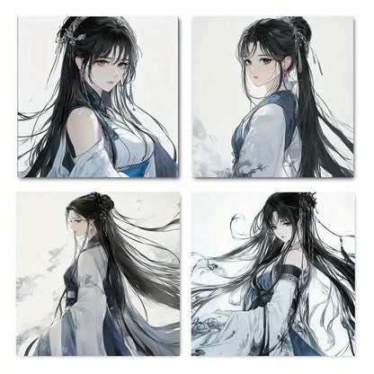 4pcs  Anime-Inspired Black Hair, Blue  Wall Art Canvas Framed