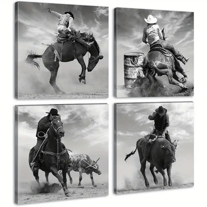 4pcs Black And White Cowboy Riding Horse Pictures Wall Art Canvas Framed