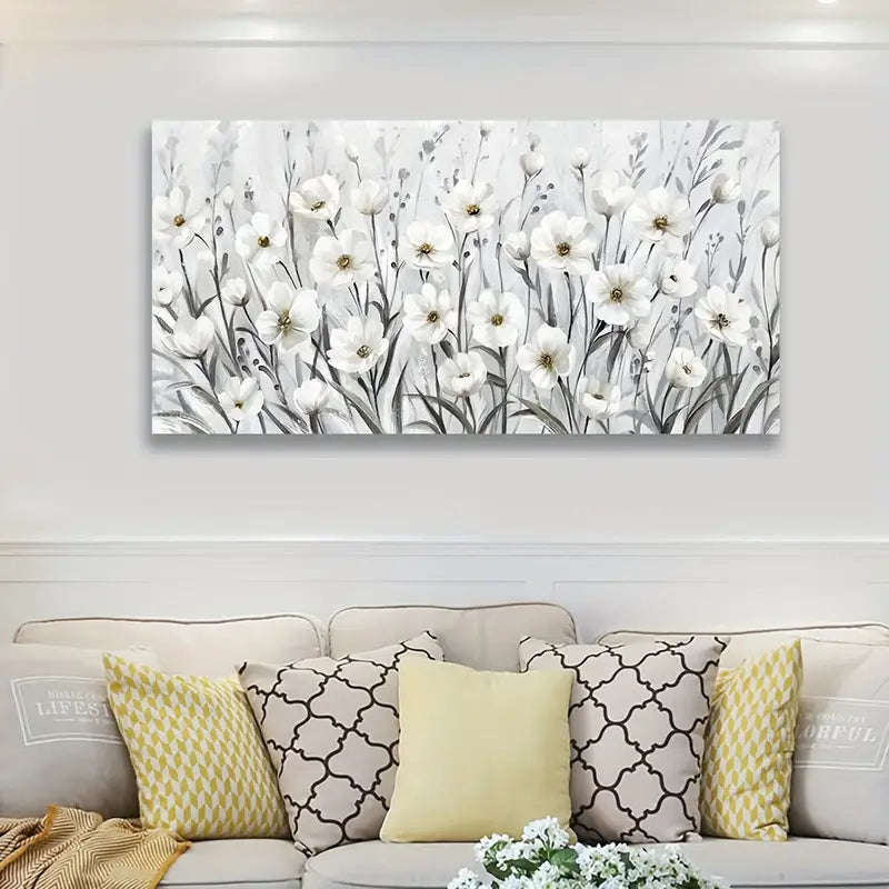 Grey White Wildflowers Botanical Elegant Floral Wall Art  canvas office home room framed 120x60cm