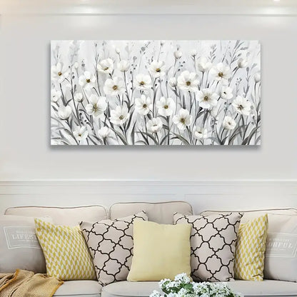 Grey White Wildflowers Botanical Elegant Floral Wall Art  canvas office home room framed 120x60cm