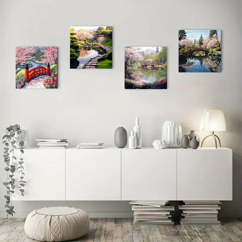 4pcs Cherry Tree Gazebo Pon Wall Art Canvas Framed