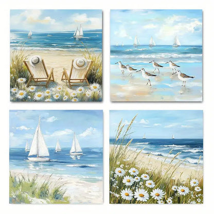4pcs Beach Seaside Scene Beach Chairs Sailboat Wall Art Canvas Framed