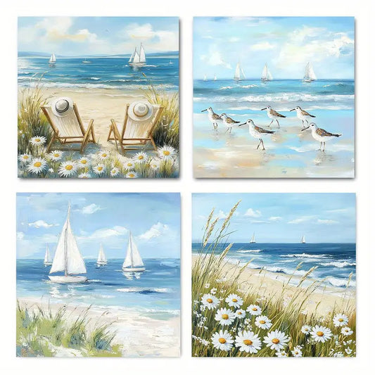 4pcs Beach Seaside Scene Beach Chairs Sailboat Wall Art Canvas Framed