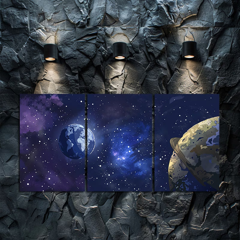 3pcs Earth and Moon in Space Design Wall Art Set Canvas Framed 40x60cm - High Quality Print 100% Australian Made Wall Canvas Ready to Hang