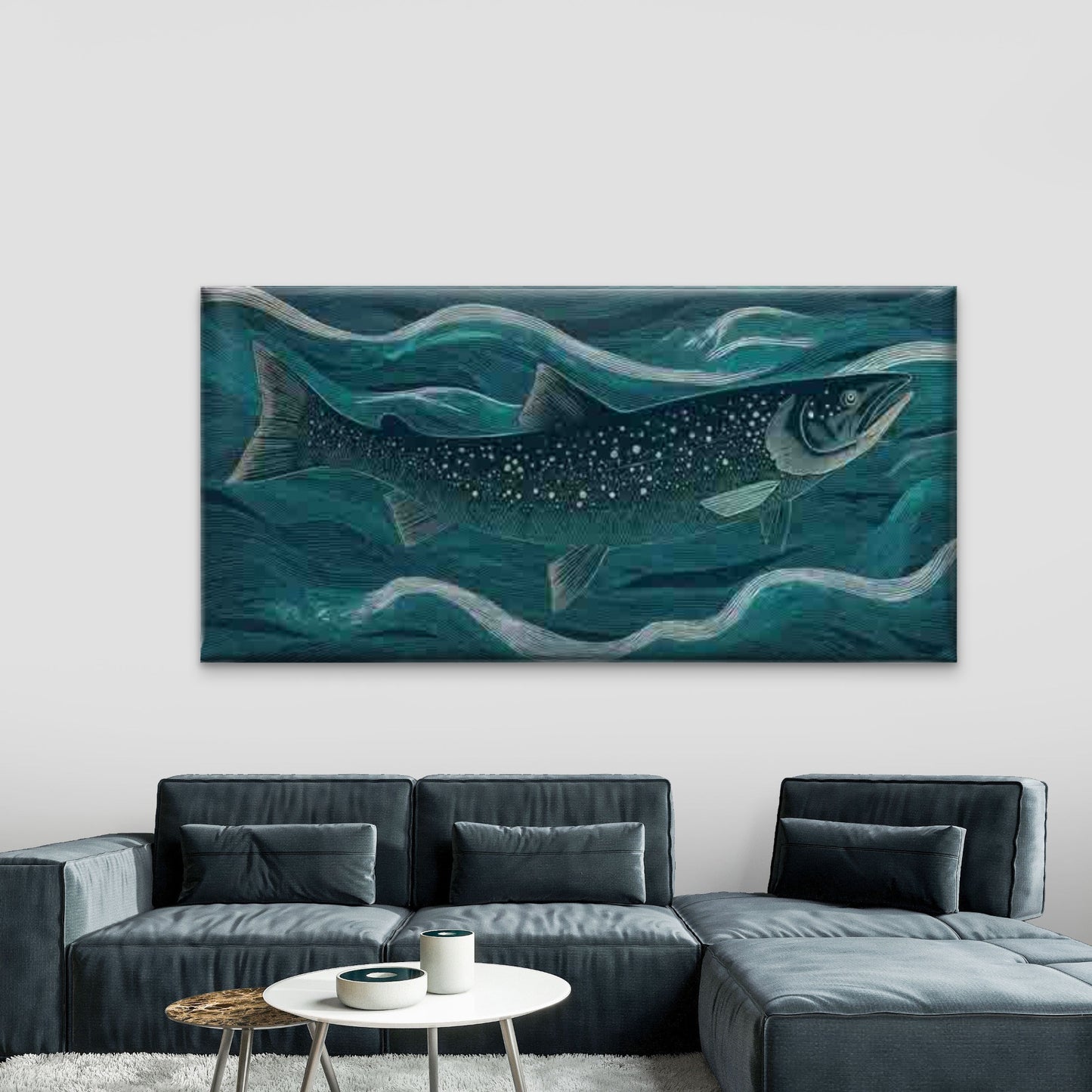 Abstract Fish Ocean Waves Wall Art Canvas Office Home Room Framed 120x60cm