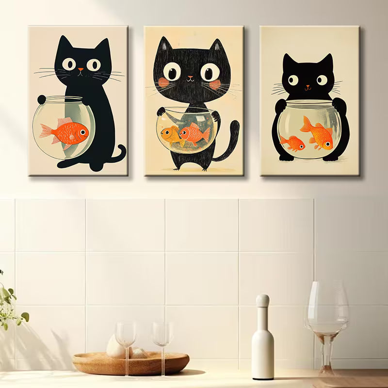 3pcs Black Cat and Fish Tank Illustration Wall Art Set Canvas Framed 40x60cm - High Quality Print 100% Australian Made Wall Canvas Ready to Hang