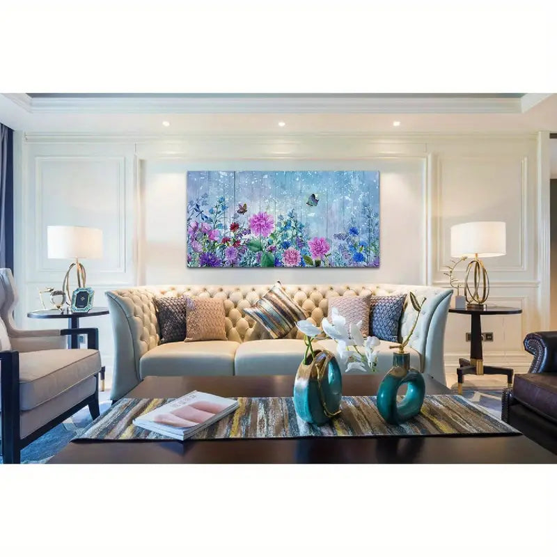 Flower Butterfly Blue Purple Pink Floral Wall Art canvas office home room framed 120x60cm