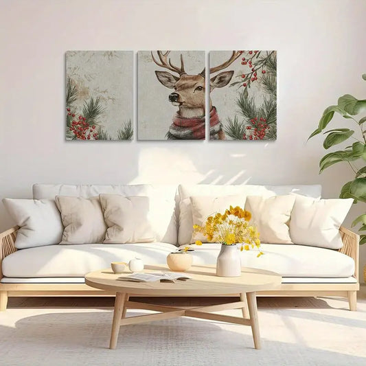 3pcs Winter Scene & Scarf Design Classic Deer Metal Print Ready to Hang Art
