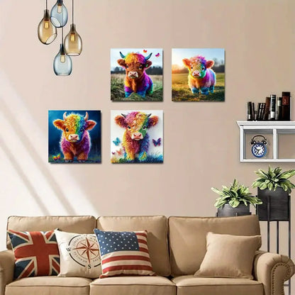 4pcs Highland Cow ButterflyWall Art Canvas Framed