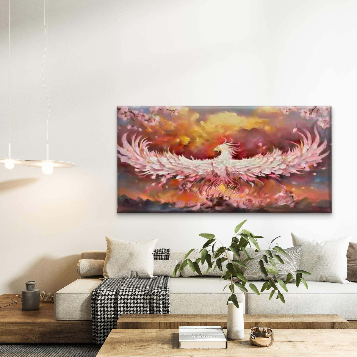 Flaming Phoenix with Sakura Wall Art Canvas Office Home Room Framed 120x60cm