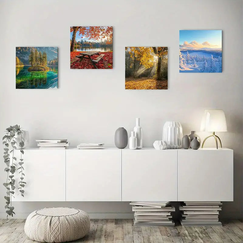 4pcs, Vibrant Autumn & Winter Scenes  VA  Wall Art Canvas Framed