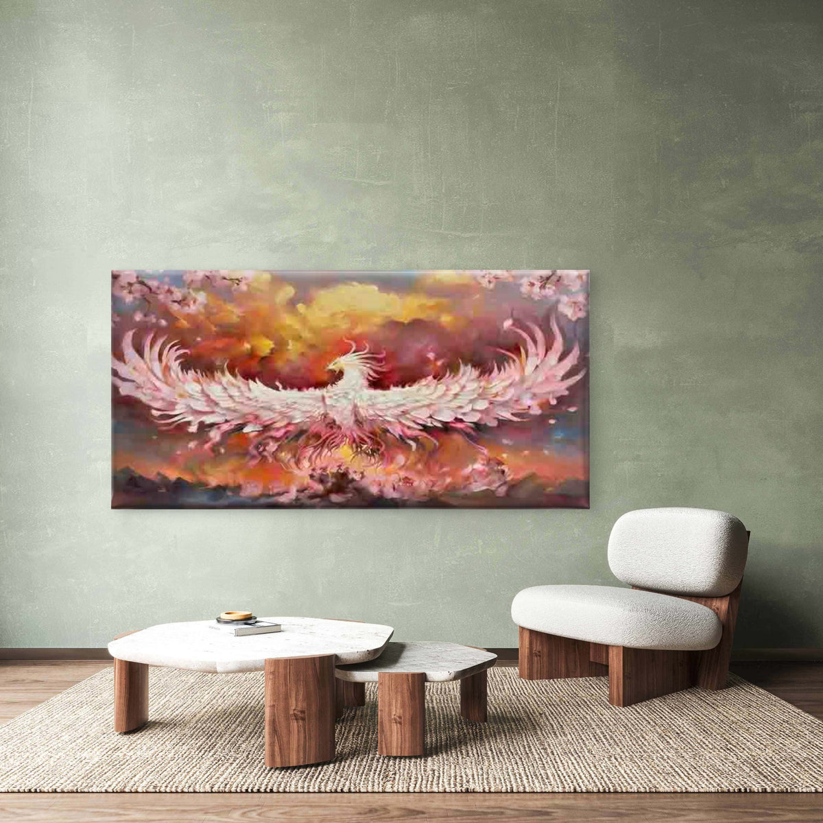 Flaming Phoenix with Sakura Wall Art Canvas Office Home Room Framed 120x60cm
