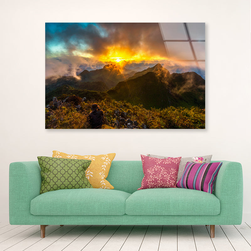 View of a Bright Sun with Mountains and a Cloudy Sky Acrylic Glass Print Tempered Glass Wall Art 100% Made in Australia Ready to Hang