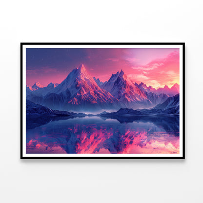 Pink Sunset Over Snowy Mountain & Lake Home Decor Premium Quality Poster Print Choose Your Sizes