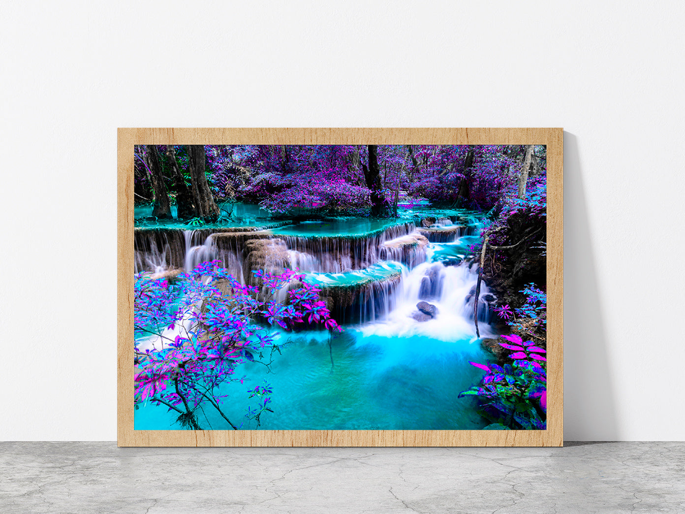 Waterfall Colorful Autumn Forest Glass Framed Wall Art, Ready to Hang Quality Print Without White Border Oak