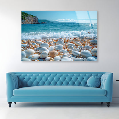 View of Rocks, Beach with Sky Acrylic Glass Print Tempered Glass Wall Art 100% Made in Australia Ready to Hang