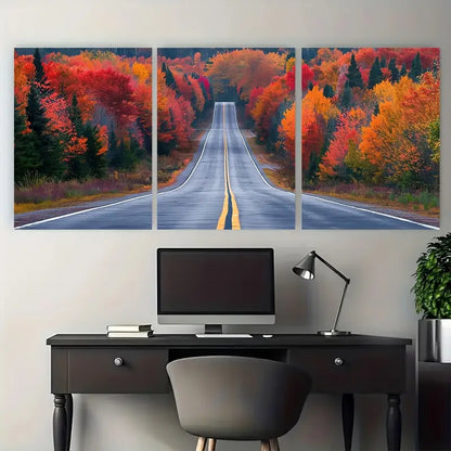 3pcs Country Road Golden Autumn Foliage Metal Print Ready to Hang Art