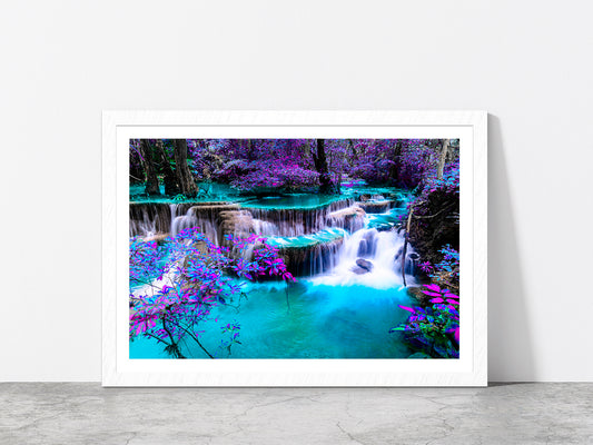 Waterfall Colorful Autumn Forest Glass Framed Wall Art, Ready to Hang Quality Print With White Border White