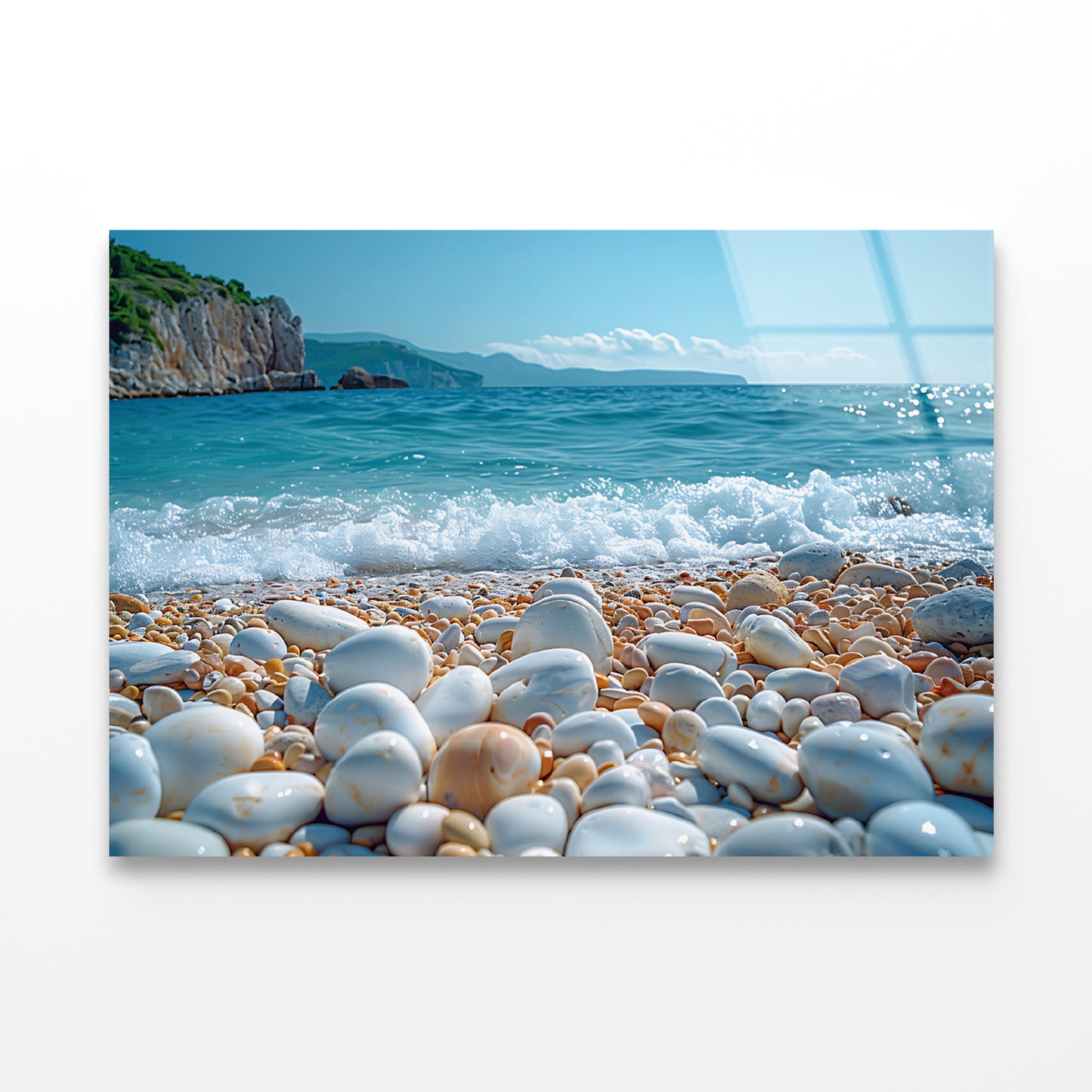 View of Rocks, Beach with Sky Acrylic Glass Print Tempered Glass Wall Art 100% Made in Australia Ready to Hang