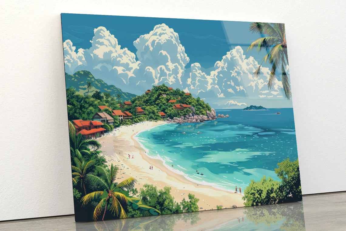 A Beach with a Body of Water with Palm Trees & a Sky Acrylic Glass Print Tempered Glass Wall Art 100% Made in Australia Ready to Hang