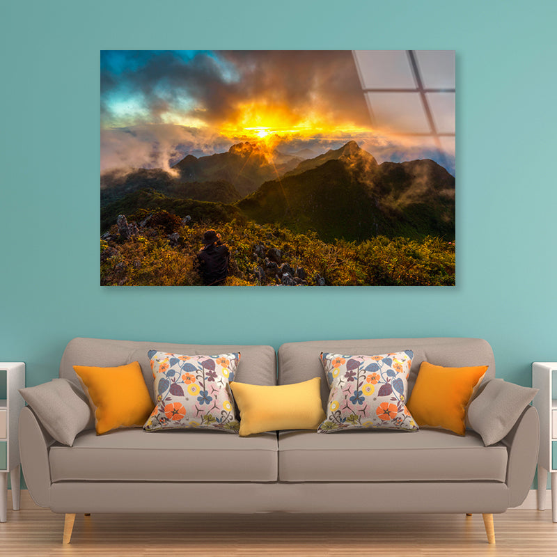 View of a Bright Sun with Mountains and a Cloudy Sky Acrylic Glass Print Tempered Glass Wall Art 100% Made in Australia Ready to Hang