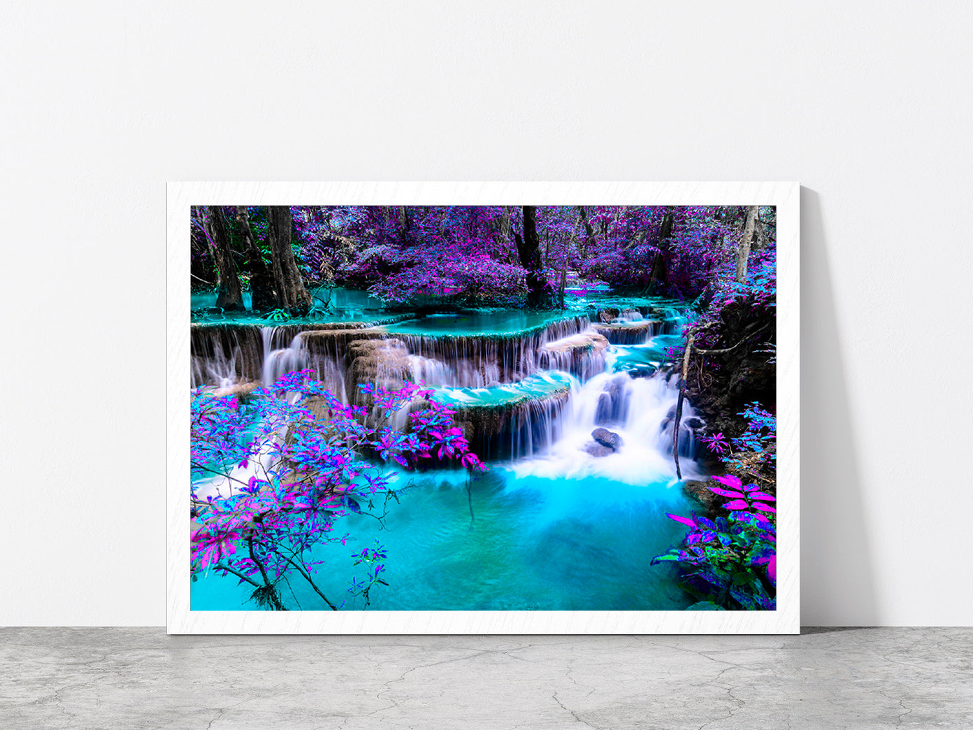 Waterfall Colorful Autumn Forest Glass Framed Wall Art, Ready to Hang Quality Print Without White Border White