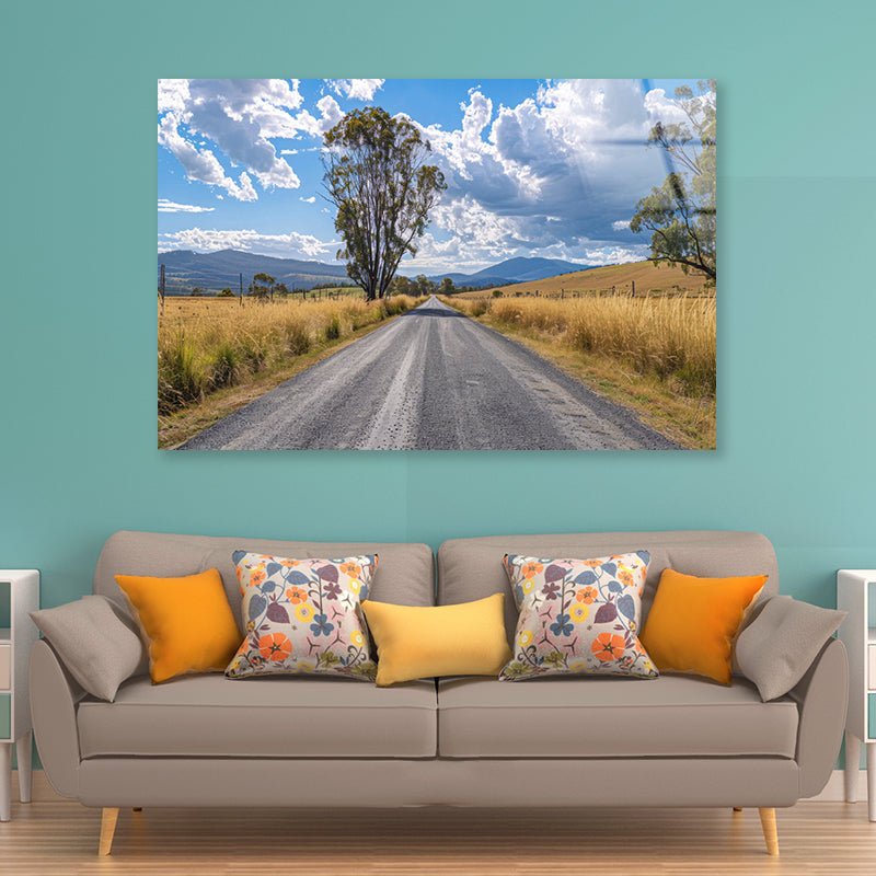 Road with Trees, Sky & Mountains Acrylic Glass Print Tempered Glass Wall Art 100% Made in Australia Ready to Hang