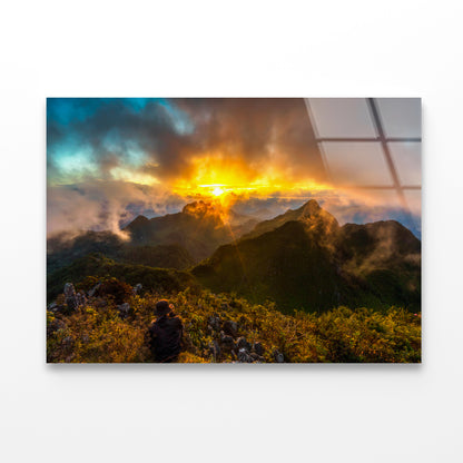 View of a Bright Sun with Mountains and a Cloudy Sky Acrylic Glass Print Tempered Glass Wall Art 100% Made in Australia Ready to Hang