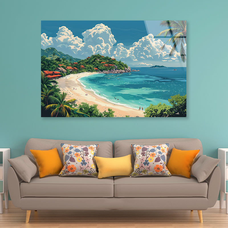 A Beach with a Body of Water with Palm Trees & a Sky Acrylic Glass Print Tempered Glass Wall Art 100% Made in Australia Ready to Hang