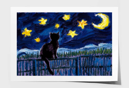 Night City Scene-Cat Fishing On the Roof Wall Art Limited Edition High Quality Print