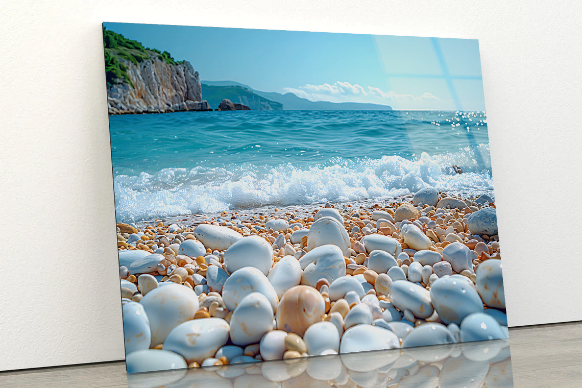 View of Rocks, Beach with Sky Acrylic Glass Print Tempered Glass Wall Art 100% Made in Australia Ready to Hang