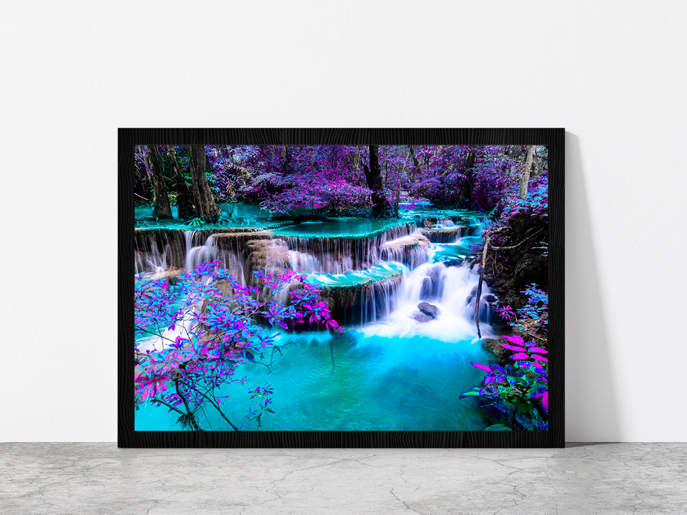 Waterfall Colorful Autumn Forest Glass Framed Wall Art, Ready to Hang Quality Print Without White Border Black