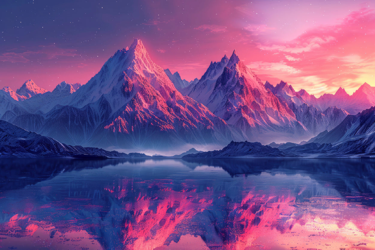 Pink Sunset Over Snowy Mountain & Lake Home Decor Premium Quality Poster Print Choose Your Sizes