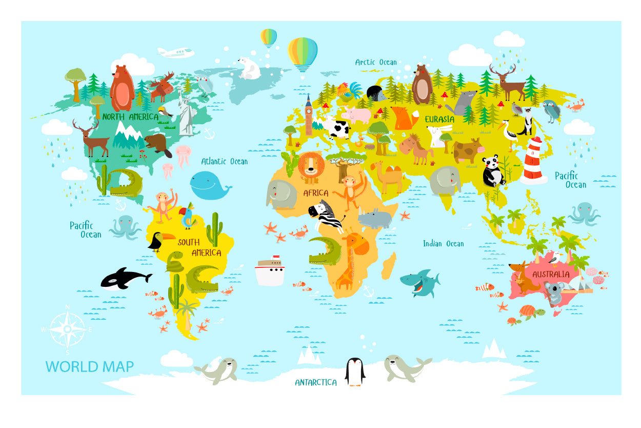 Map Of the World with Cartoon Animals Home Decor Premium Quality Poster Print Choose Your Sizes