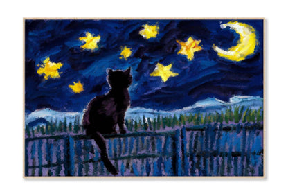 Night City Scene-Cat Fishing On the Roof Wall Art Limited Edition High Quality Print