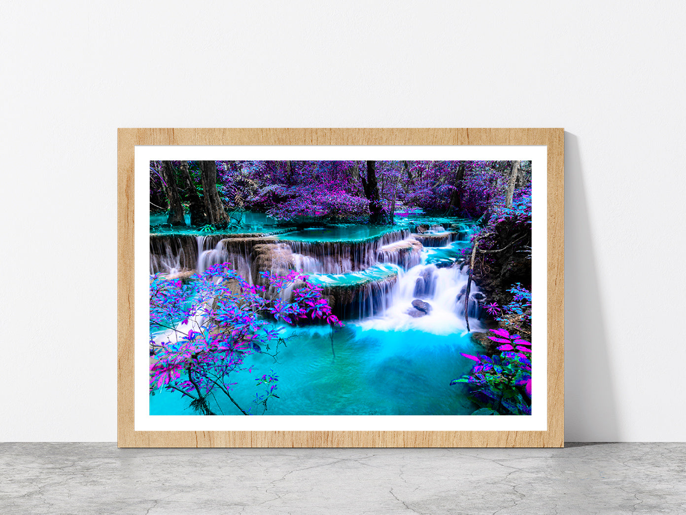 Waterfall Colorful Autumn Forest Glass Framed Wall Art, Ready to Hang Quality Print With White Border Oak