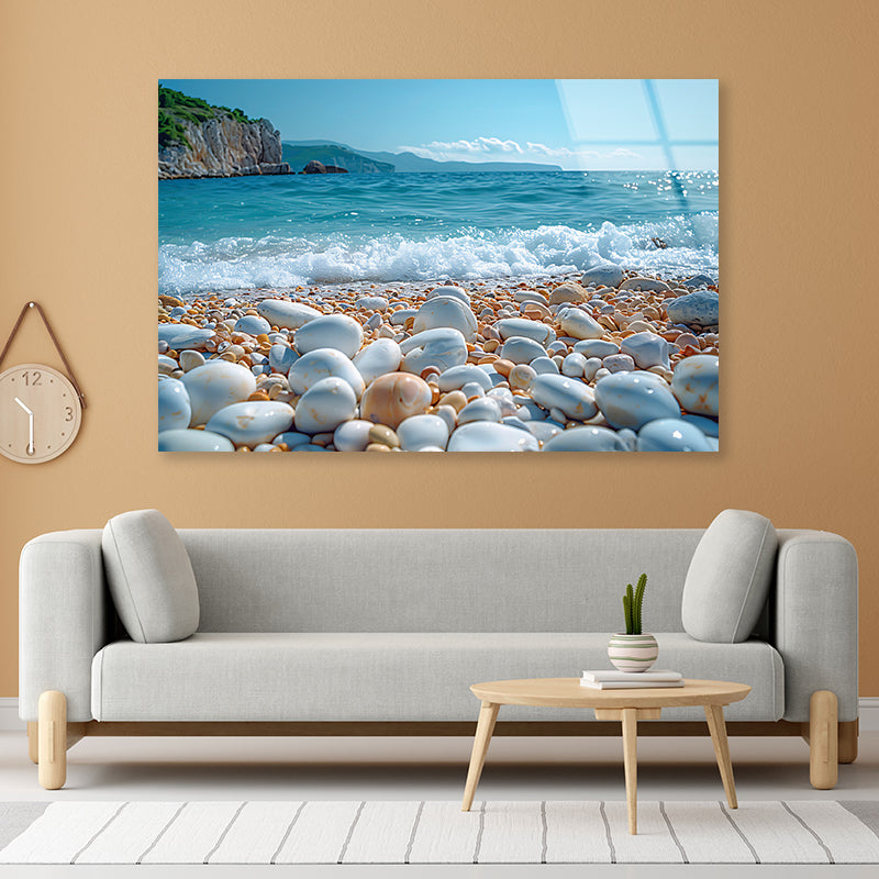 View of Rocks, Beach with Sky Acrylic Glass Print Tempered Glass Wall Art 100% Made in Australia Ready to Hang