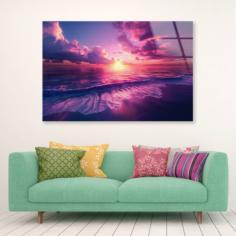 Sunset with Pink Sky in Seashore Acrylic Glass Print Tempered Glass Wall Art 100% Made in Australia Ready to Hang