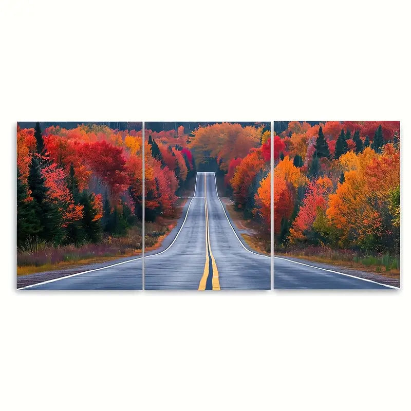 3pcs Country Road Golden Autumn Foliage Metal Print Ready to Hang Art