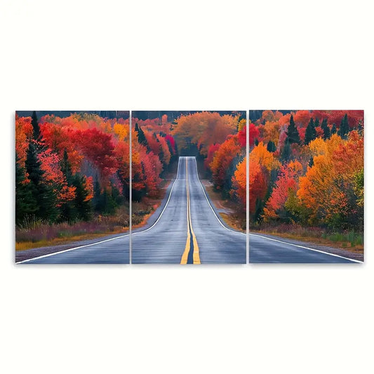 3pcs Country Road Golden Autumn Foliage Metal Print Ready to Hang Art
