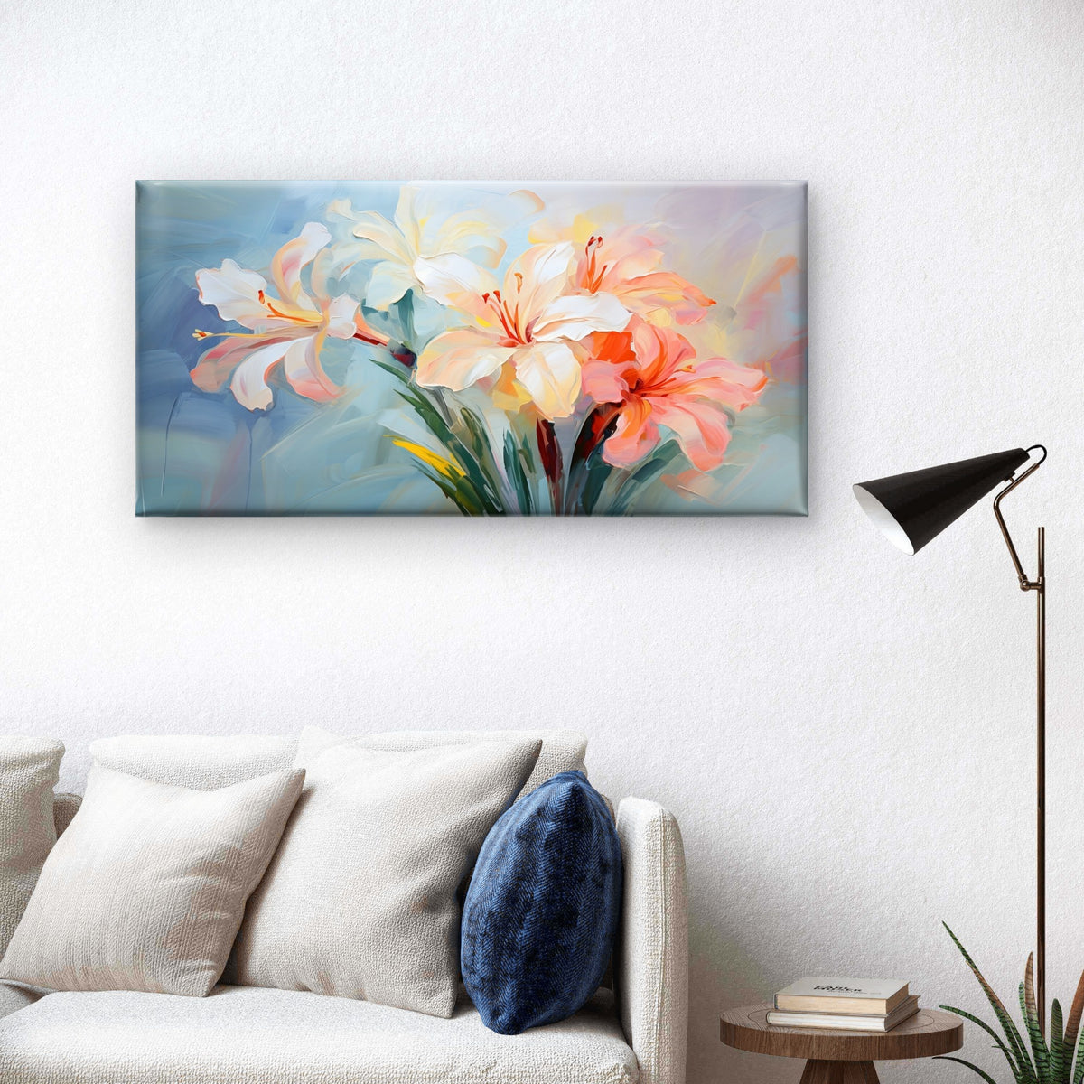 Painted Orange White Lily Wall Art Canvas Office Home Room Framed 120x60cm
